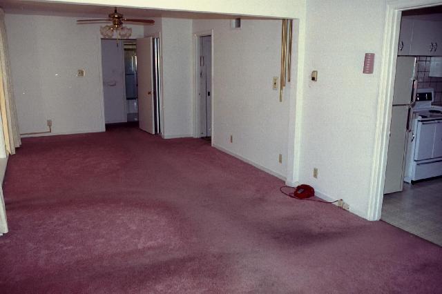 Before any changes - Red carpet, original ceiling fan, air freshener on wall